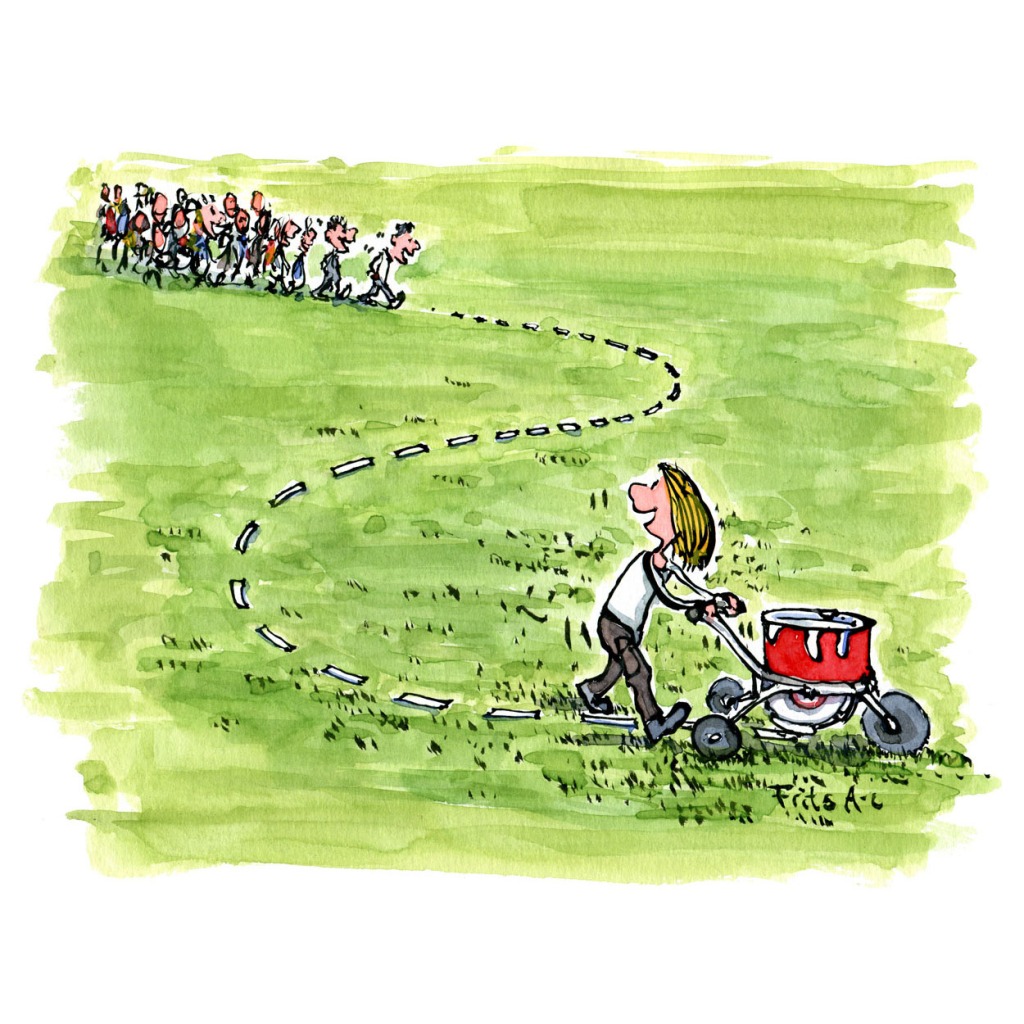 Woman with a marking machine, making a line in the grass that a group of people follows. Illustration by Frits Ahlefeldt