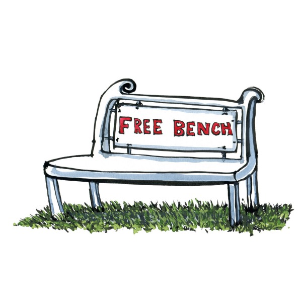 Drawing of a bench with the text "free" on it. Illustration by Frits Ahlefeldt