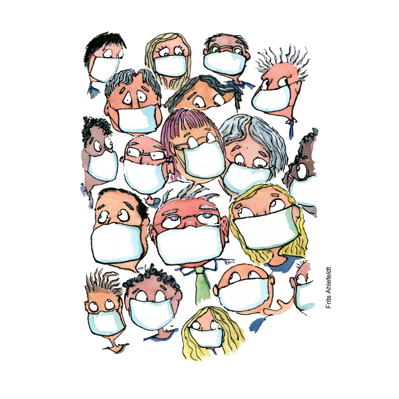 Drawing of a lot of faces all wearing facemasks. Illustration by Frits Ahlefeldt