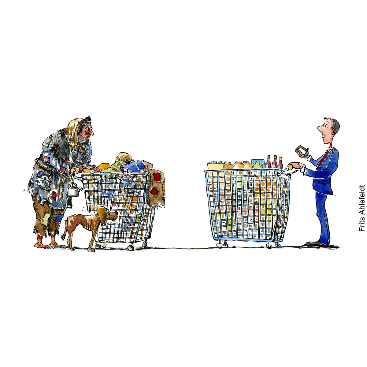 Drawing of a homeless man with all his belongings in a shopping wagon, facing a man with a shopping wagon filled with food. Illustration by Frits Ahlefeldt