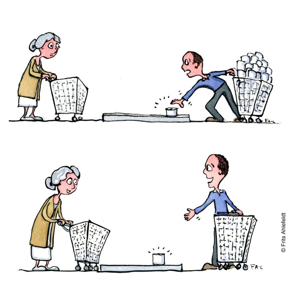 Drawing up two people shopping for toilet paper. upper drawing one takes all. vs. he offers her the last product Psychology illustration by Frits Ahlefeldt