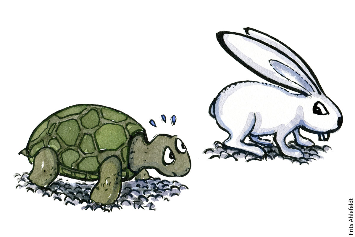 Drawing of a turtle racing a rabbit. Psychology illustration by Frits Ahlefeldt