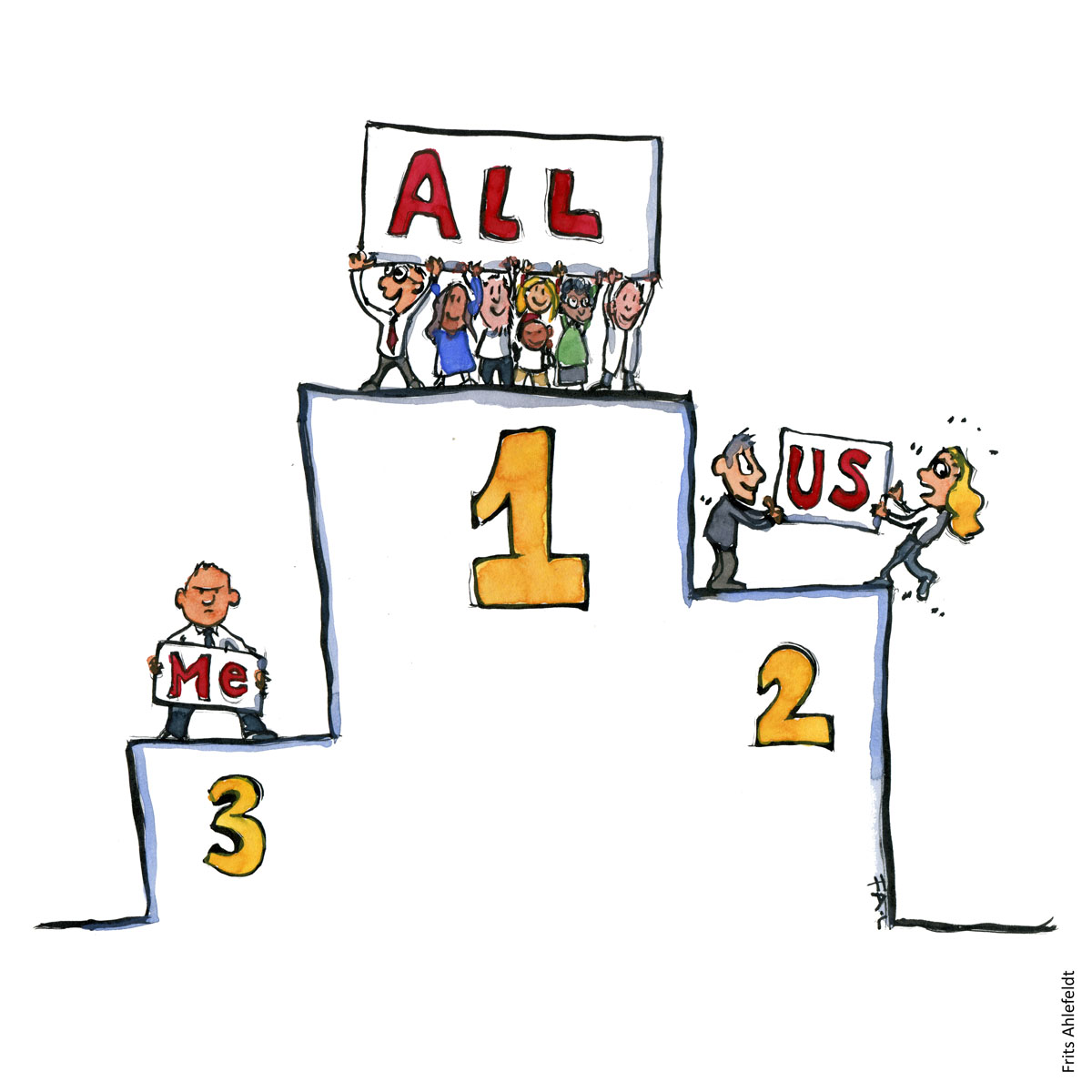 Drawing of a podium with a group on first place, a couple on second and a single person on third. Illustration by Frits Ahlefeldt