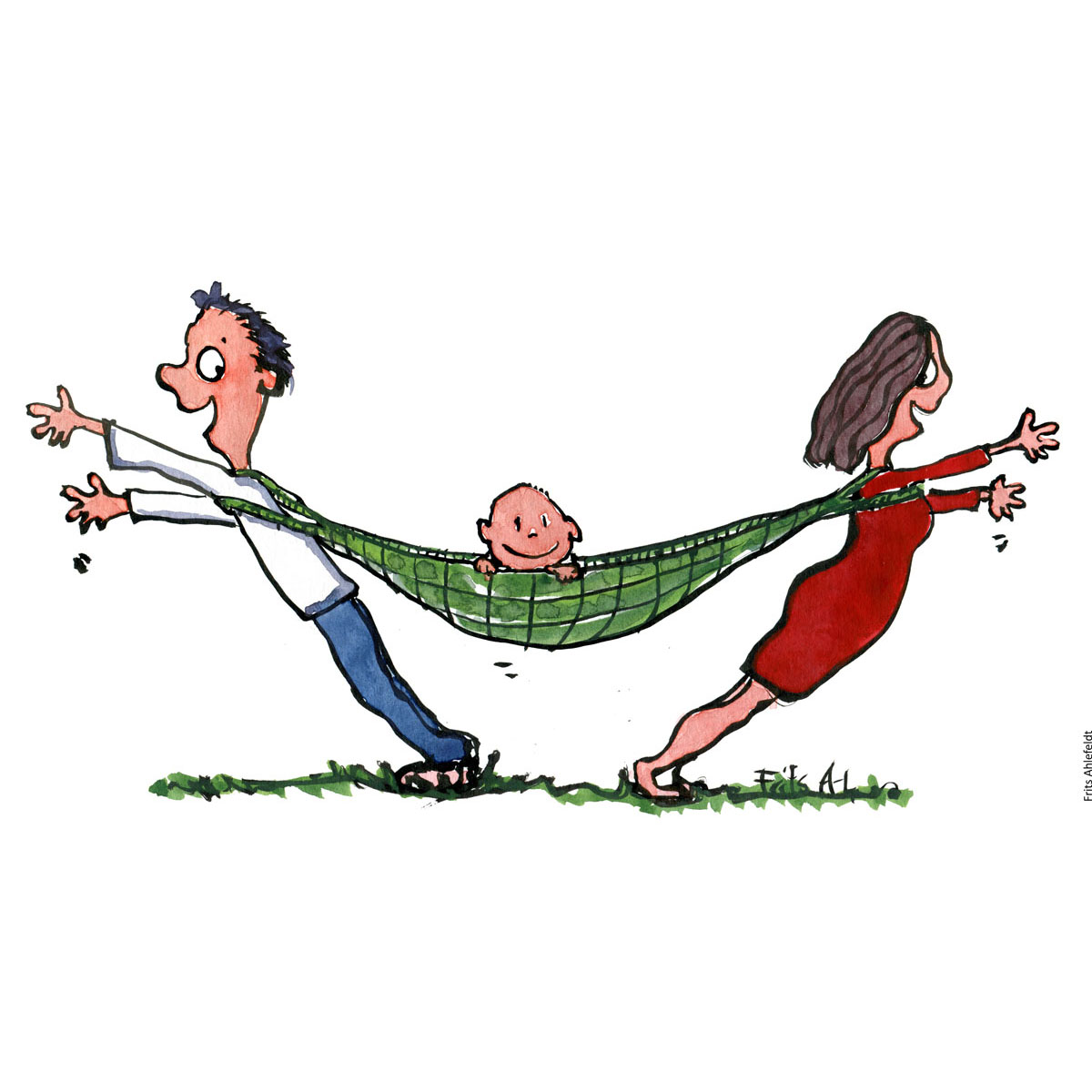 Drawing of a kid in a hammock, with a man and woman at each end. Illustration by Frits Ahlefeldt