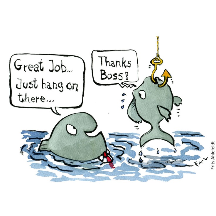 Drawing of a fish being hooked while its fish boss say "great job, just hang on there"  Psychology illustration by Frits Ahlefeldt
